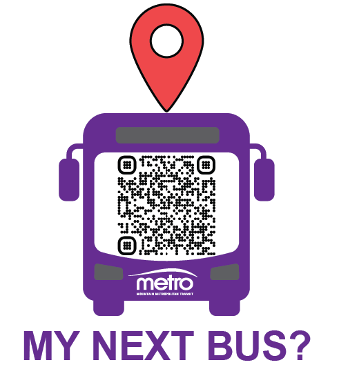 graphic of a bus with a QR code on the windshield and the words "my next bus?"
