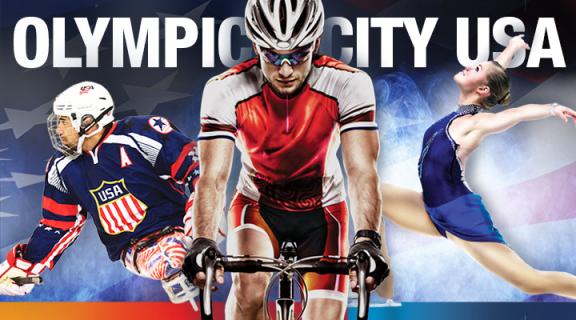 Olympic City USA graphic with athletes