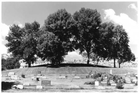 View of graves and tombstones in Fairview Cemetery with trees on horizon and rock formation in distance.