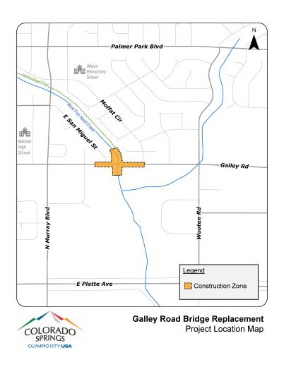 A Galley Road Replacement Project Map depicting closures (decorative - all information provided on webpage)
