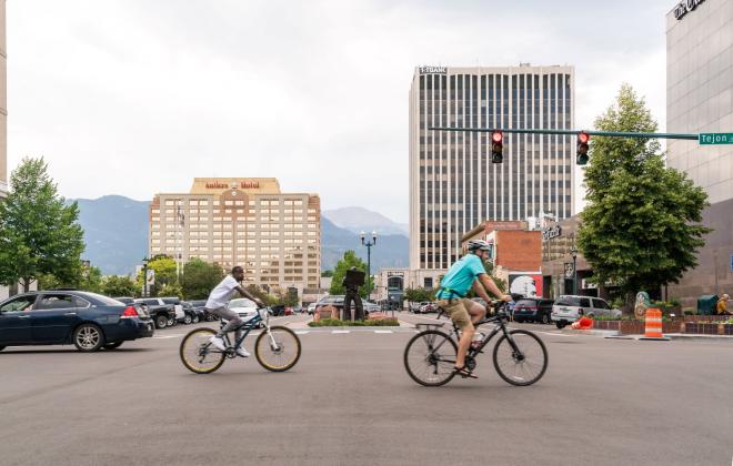 cyclists in downtown Colorado Springs