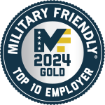 Logo that reads "Military Friendly 2024 GOLD top 10 employer"