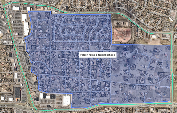 Falcon Estates and Anderosa Estates neighborhood outlined on a map.