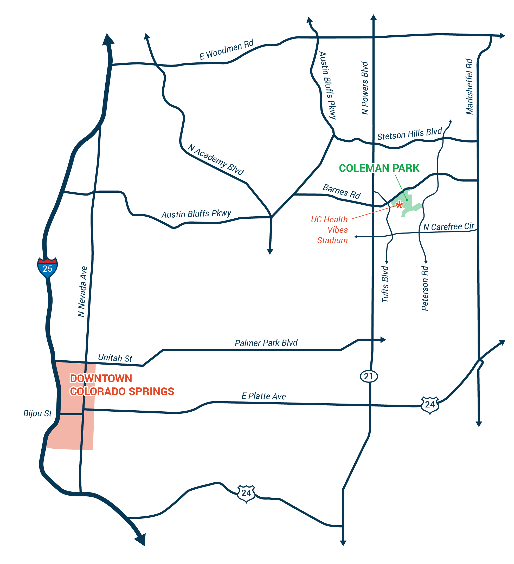 map of Colorado Springs showing Coleman Park east of Powers Blvd