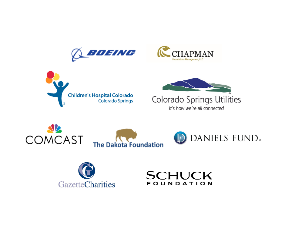 logos for Boeing, Chapman, Children's Hospital Colorado, Colorado Springs Utilities, Comcast, The Dakota Foundation, Daniels Fund, Gazette Charities, Schuck Foundation 