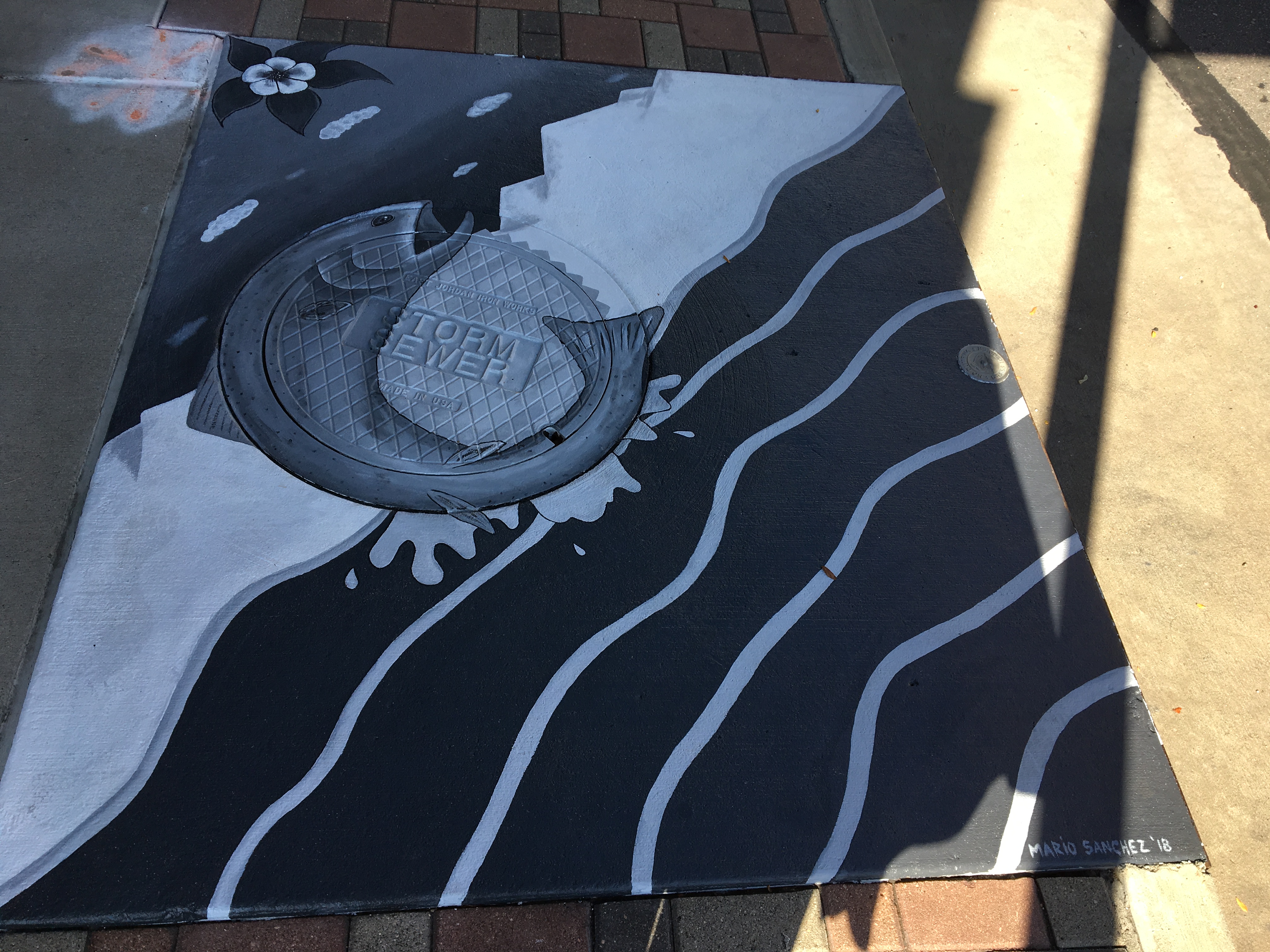 Painting over storm drain showing fish and water at end of drain