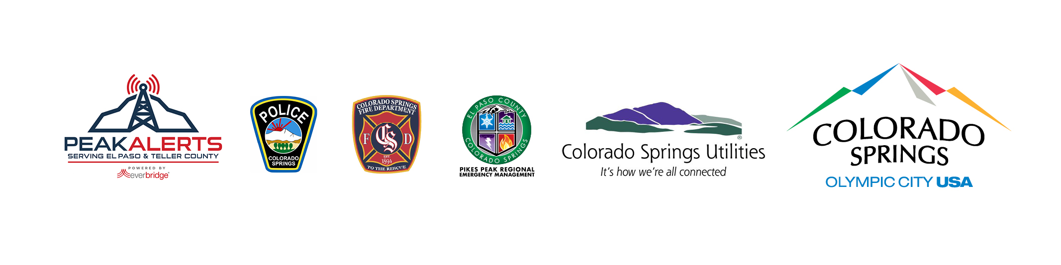 logos: peak alerts, police department, fire department, emergency management, Colorado Springs Utilities, City of Colorado Springs