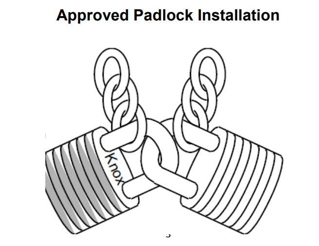 graphic showing approved padlock installation. Two padlocks each linked to one chain. Padlocks then locked to each other.