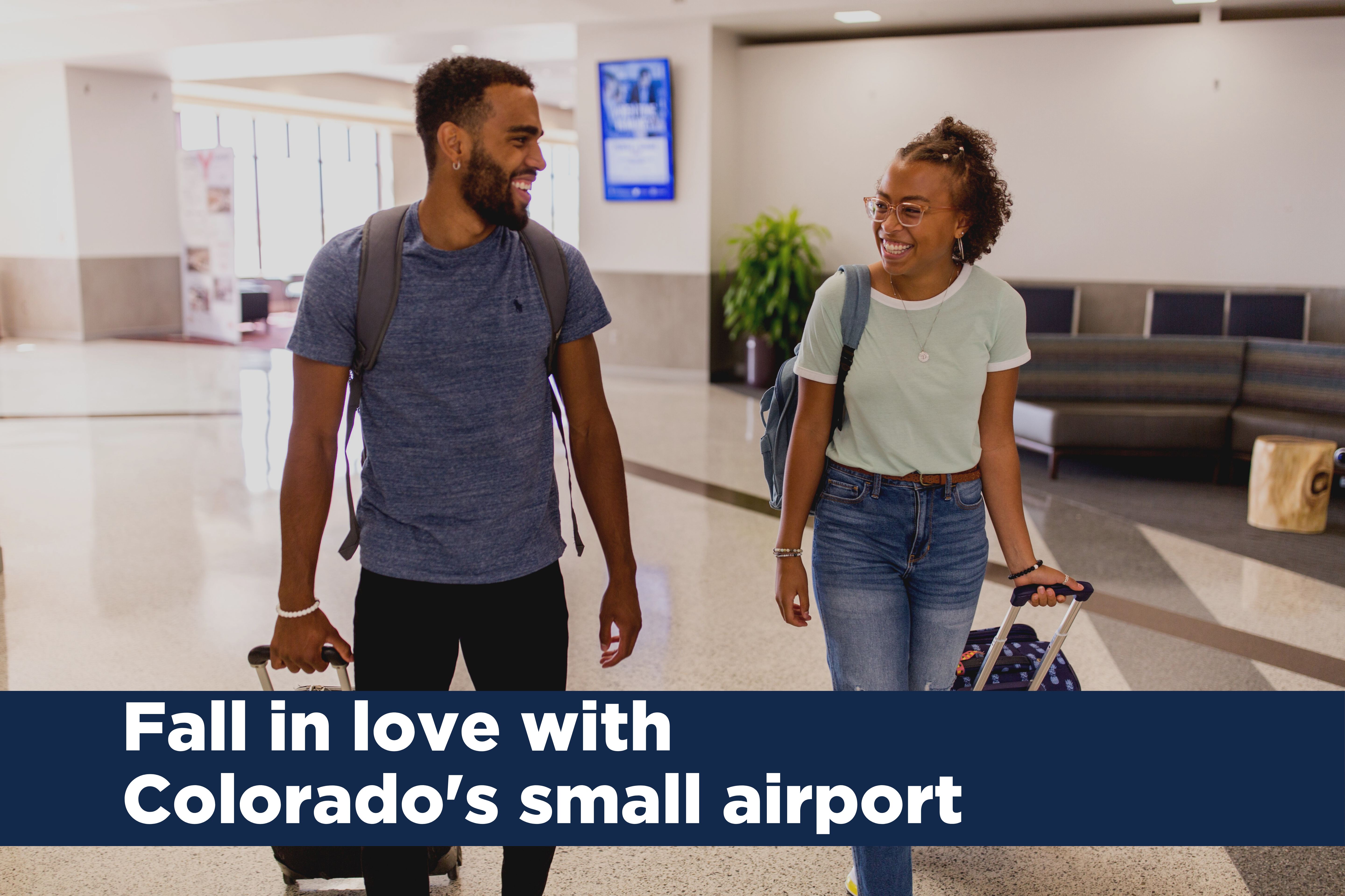 photo of couple at airport with the text: fall in love with colorado's small airport