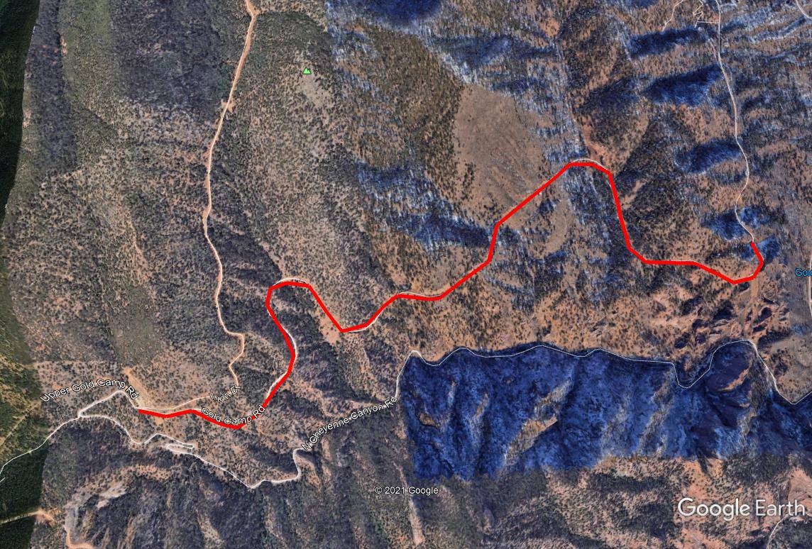 map showing closure is from the northern boundary of North Cheyenne Cañon Park, north of the Chutes and Ladders trailhead, to the gravel parking lot uphill from Helen Hunt Falls.