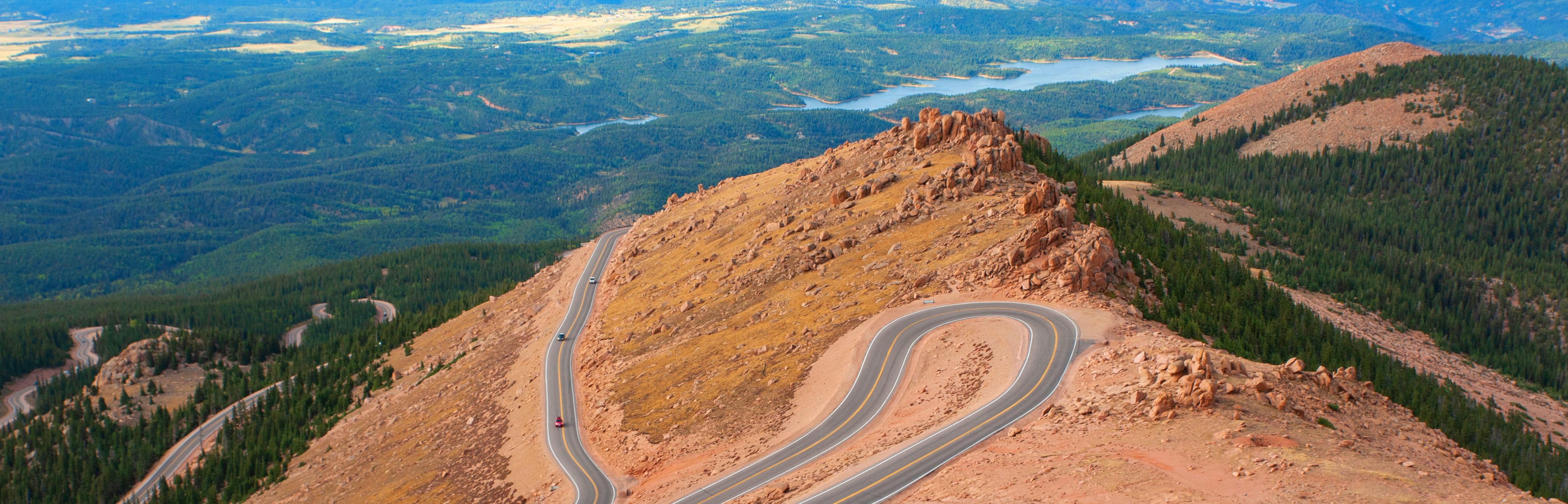 aerial view of the Pikes Peak Highway and surrounding valleys