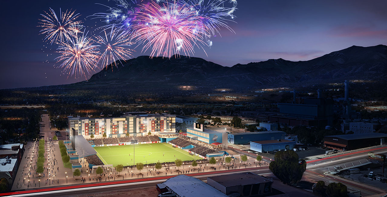 artist rendering of downtown stadium during soccer match