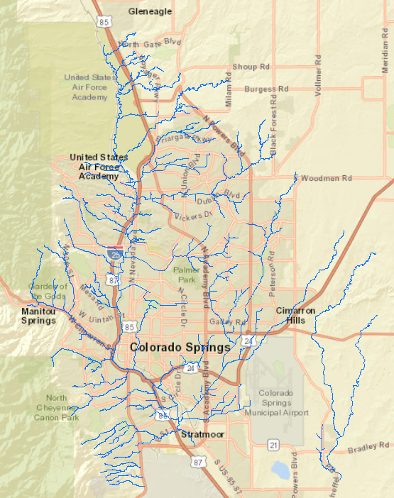 map of creeks in the Colorado Springs area