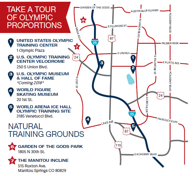 Map of Olympic training sites in Colorado Springs