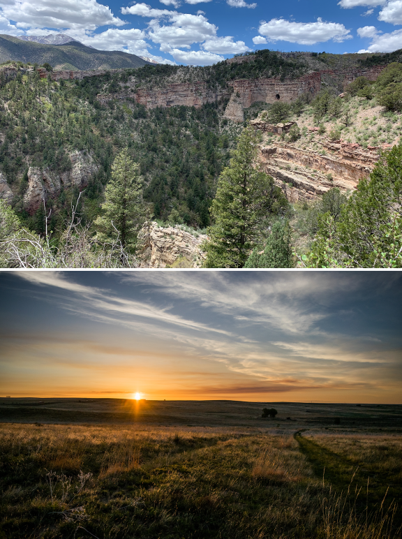 collage first photo is a forested canyon second picture is a prairie at sunset.