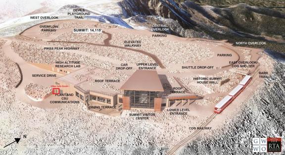 aerial rendering of Pikes Peak Summit Visitor Center marking the location of the hiker safe room on the south side of the building