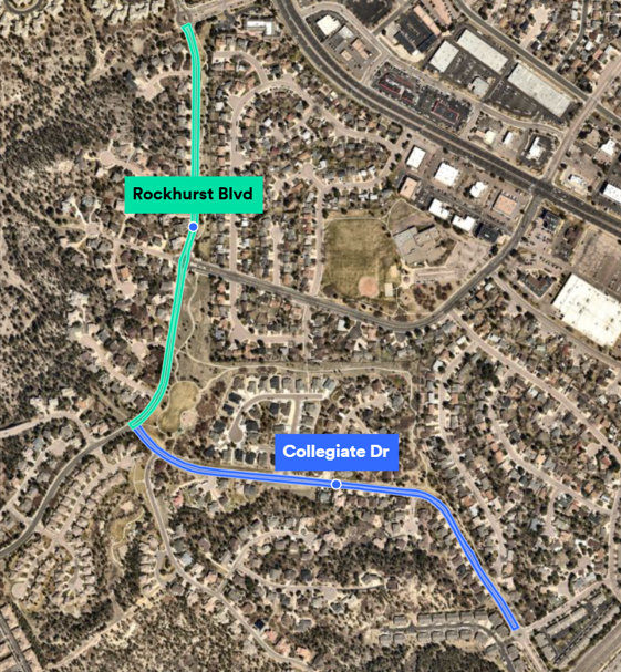 Map that shows Rockhurst Blvd. and Collegiate Dr.