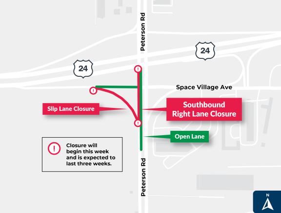 Lane closure map for the Highway 24/Peterson Road Interchange Project. See copy to the left of this image for details.