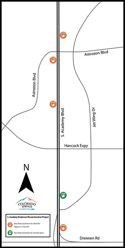 Map of bus stops affected by closures for S. Academy Blvd. Improvement Project starting Jan. 19, 2026. See copy at the top of the page for full details of detours and closures.