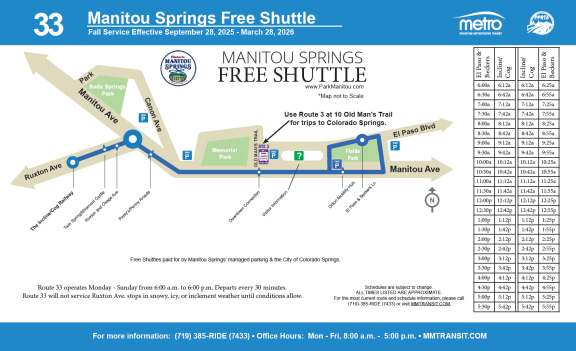 Route map for Mountain Metro Route 33. Consult with the schedule at the top of this page for details on timing.