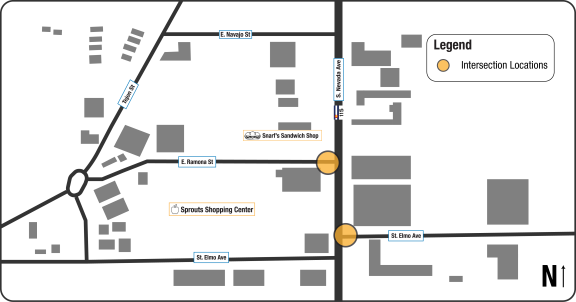 Project location map for the South Nevada Signals Project. The map marks intersections at S. Nevada Ave. and St. Elmo Ave.; and S. Nevada Ave. and E. Ramona St.