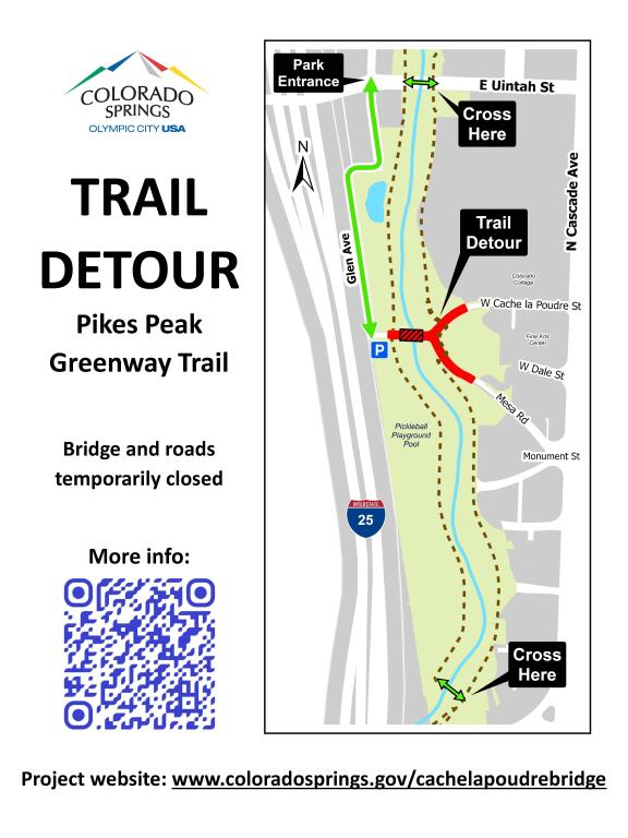 Trail detour for the Pikes Peak Greenway Trail as part of the Cache La Poudre Street/Mesa Road Rehabilitation project