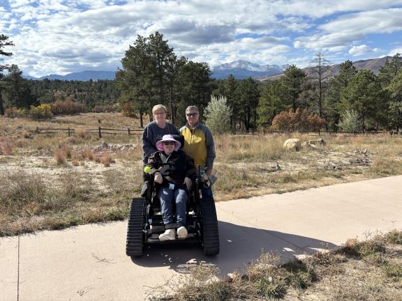 A track chair user in Ute Valley Park.