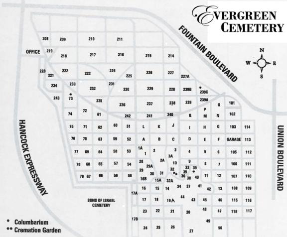Map of Evergreen Cemetery with 242 spaces adjacent to Union and Fountain Boulevard