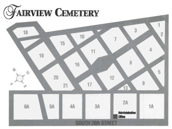 Map of Fair View Cemetery. 21 Spaces. Administrative Office is in 2A. 