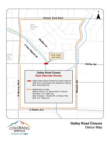 Map showing road closure between East San Miguel Street and Moffat Circle