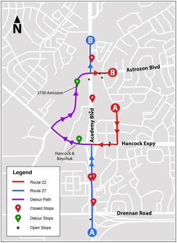 Route 22 and Route 27 will take Hancock Parkway to Astrozon Boulevard to go around construction on South Academy Boulevard.  All bus stops on South Academy between Drennan Road and Astrozon Boulevard are closed.  Temporary stops have been set up at Hancock and Boychuk and 3730 Astrozon Boulevard.  