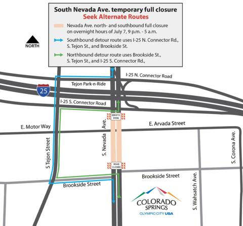 A detour map showing the following: •	Northbound traffic is advised to take South Nevada Avenue to Brookside Street to South Tejon Street to I-25 South Connector Road to South Nevada Avenue. •	Southbound traffic is advised to take S. Nevada Avenue to I-25 N. Connector Road to S. Tejon Street, to Brookside Street to S. Nevada Avenue.