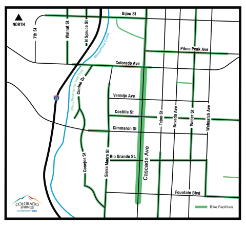 Image of map of bike facilities in downtown Colorado Springs
