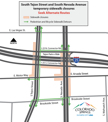 A map detailing new sidewalk detours at the intersection of I-25 with Tejon and Nevada.