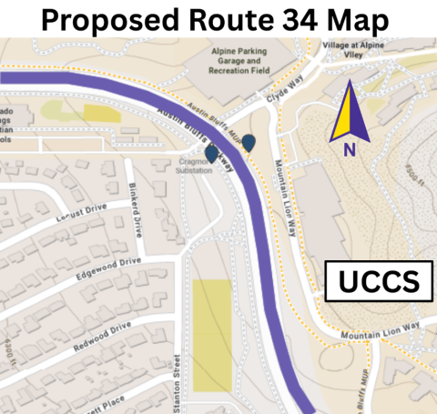 Map of the proposed changes to Mountain Metro's Route 34. Read the text above this map for detailed changes.