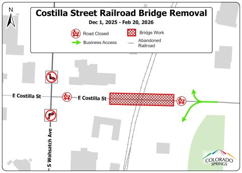 Map of the project area for the Costilla Street Railroad Bridge Removal project. E. Costilla St. just east of S. Wahsatch Ave. will be closed for work Dec. 1, 2025-Feb. 20, 2026