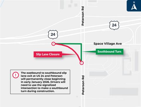 Map of the slip lane closure from eastbound US-24 to southbound Peterson Road. Drivers will take a signalized southbound turn at the intersection instead.