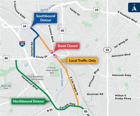 Map of the closure of E. Las Vegas St. to allow for the demolition of the railroad bridge for the Circle Dr. Bridges Project.