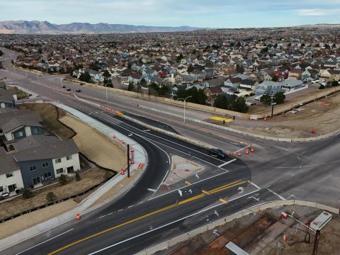 Photo of Marksheffel Road at Stetson Hills Boulevard in January 2026. The road is recently striped.