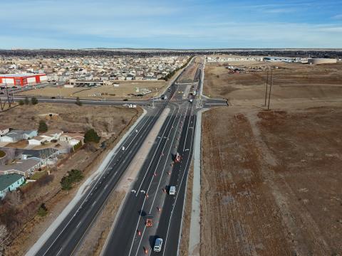 Marksheffel Road near Barnes looking northbound in January 2026. The road was recently striped.