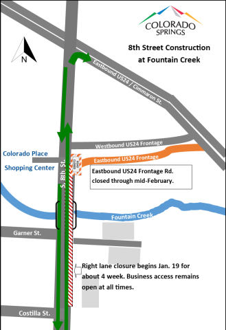 Map of the 8th Street Corridor Improvements project affected routes. Please consult the copy to that accompanies this image for full traffic impact details.