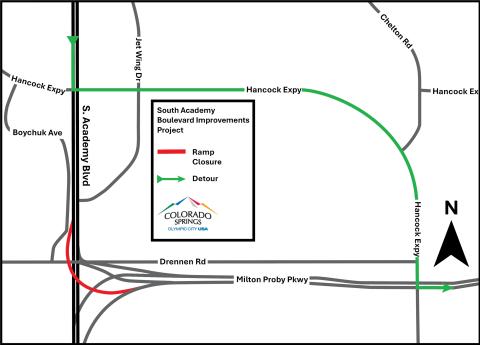 A map of the full closure of the Milton E. Proby ramp. The detour route for S. Academy to get onto Milton E. Proby uses Hancock Expressway.