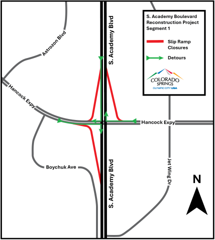 Detour map for S. Academy Blvd. Improvement Project. See copy at the top of the page for full details of detours and closures.