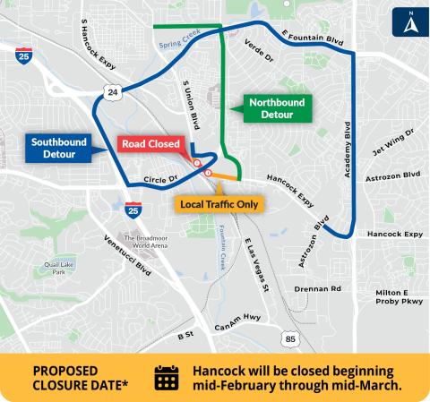 Detour and closure map of the closure of Hancock Expressway from mid-February to mid-March 2026. Please see the text on this page for full details.