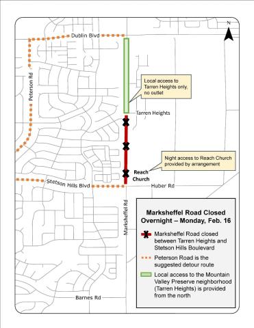 A detour map of the overnight closure of Marksheffel Road on Feb. 16, 2026. Please see the copy on this page for specific details of the detour route.