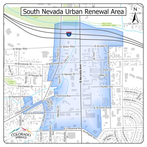 A map of the South Nevada Urban Renewal Area that outlines the area in blue.