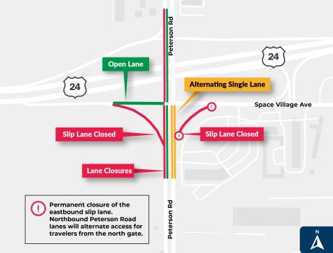 Map of the new routes after the permanent closure of the slip lane east of Peterson Road. Please see the accompanying text on this page for full details.