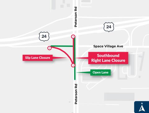 A closure and detour map for the US 24 and Peterson Interchange project. Please see the text to the left of this image for specific details.