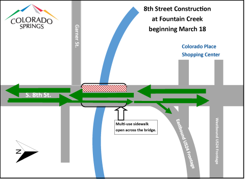 Map of closures and detour routes for the 8th Street Bridge Project starting March 18. Please see the accompanying text on this page for the full details.