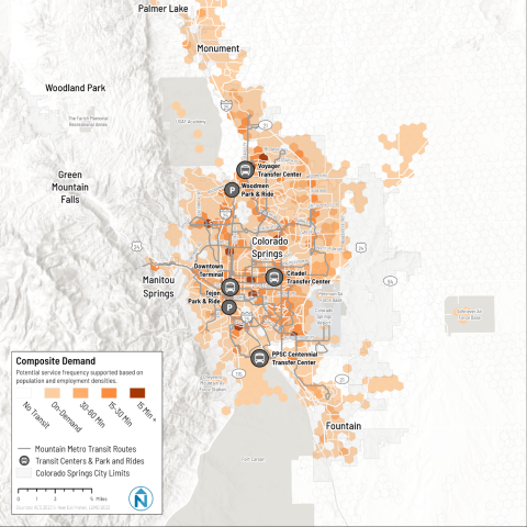 A composite demand map combines transit-weighted population density and employment density to illustrate where overall transit demand is strongest across the region. 